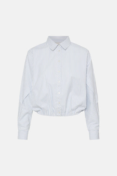 Blue and white striped long-sleeve blouse with button front and gathered hem, front view