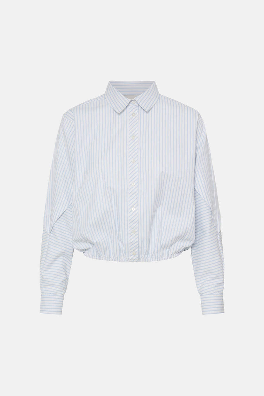 Blue and white striped long-sleeve blouse with button front and gathered hem, front view