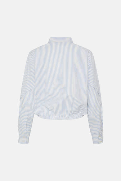 Blue and white striped long-sleeve blouse with gathered back hem, shown from rear view