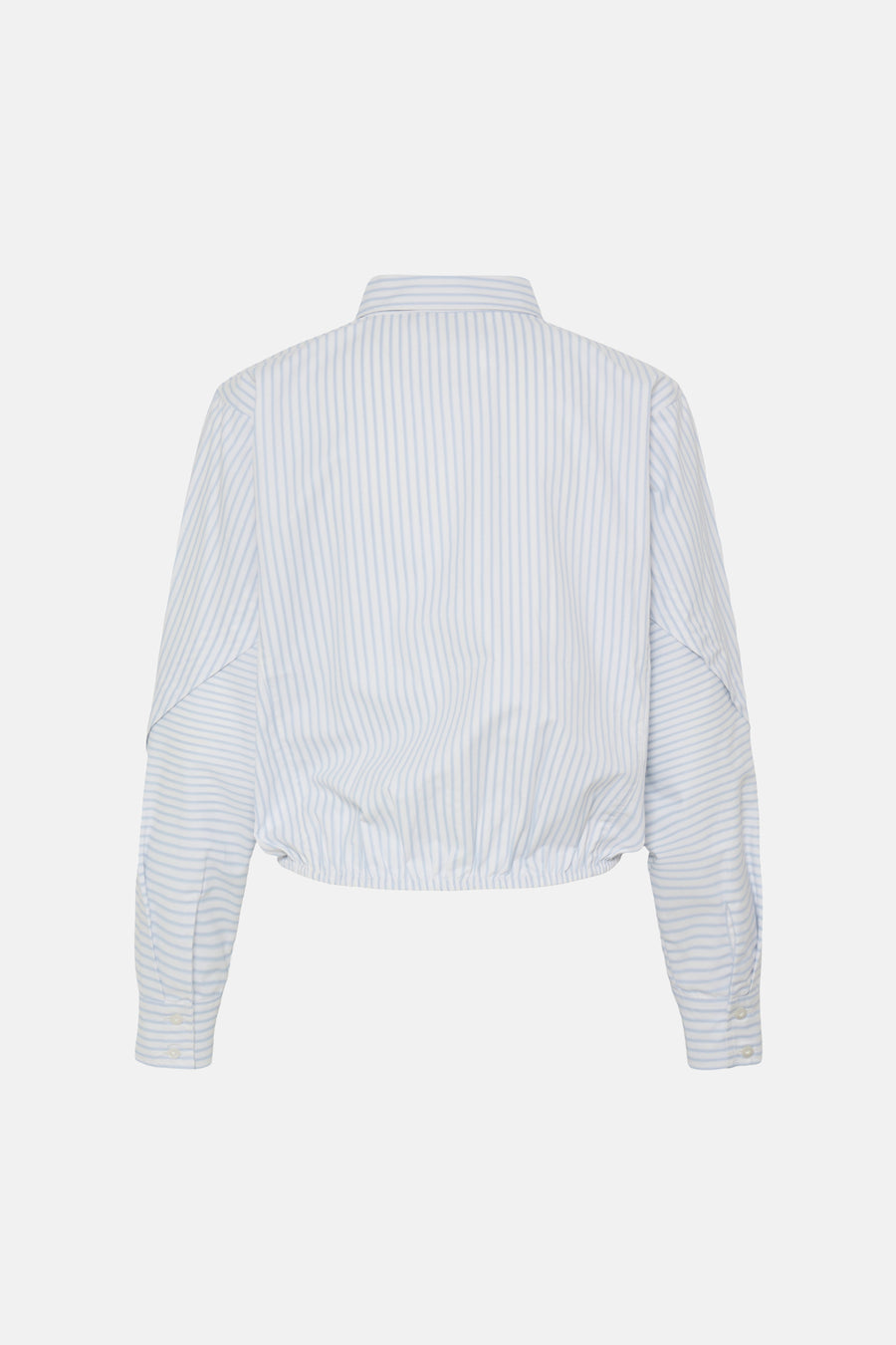 Blue and white striped long-sleeve blouse with gathered back hem, shown from rear view