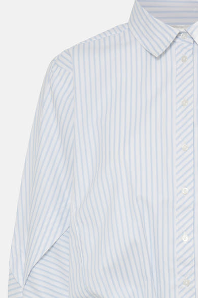 Blue and white striped long-sleeve blouse with classic collar and front buttons, side view close-up