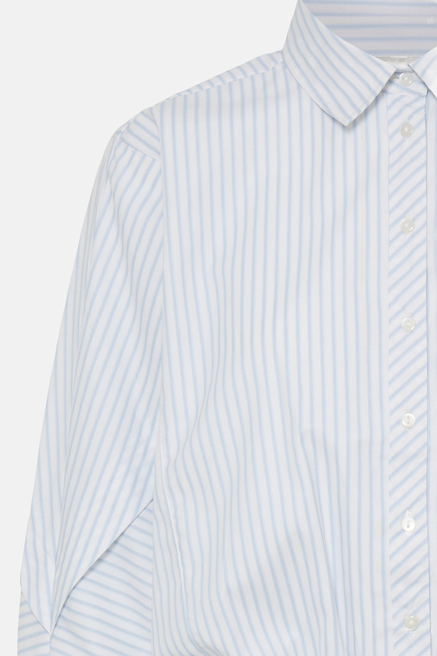 Blue and white striped long-sleeve blouse with classic collar and front buttons, side view close-up