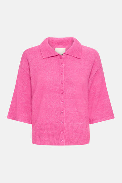 Pink knitted gilet with collar and front buttons, three-quarter sleeves, textured fabric, front view