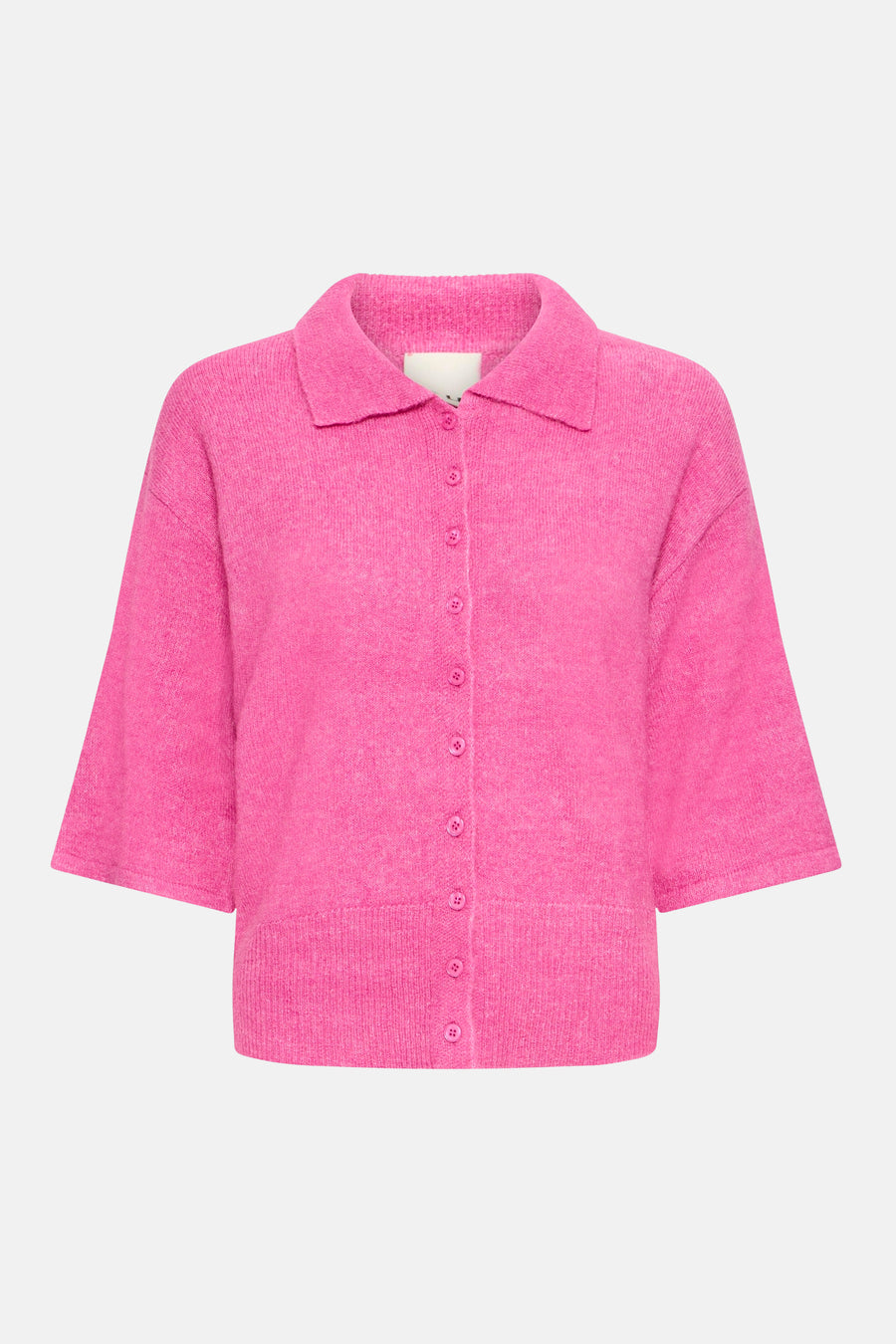 Pink knitted gilet with collar and front buttons, three-quarter sleeves, textured fabric, front view