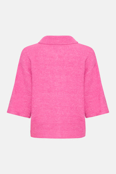 Pink knitted gilet with ribbed collar and hem, back view, three-quarter sleeves, marled texture