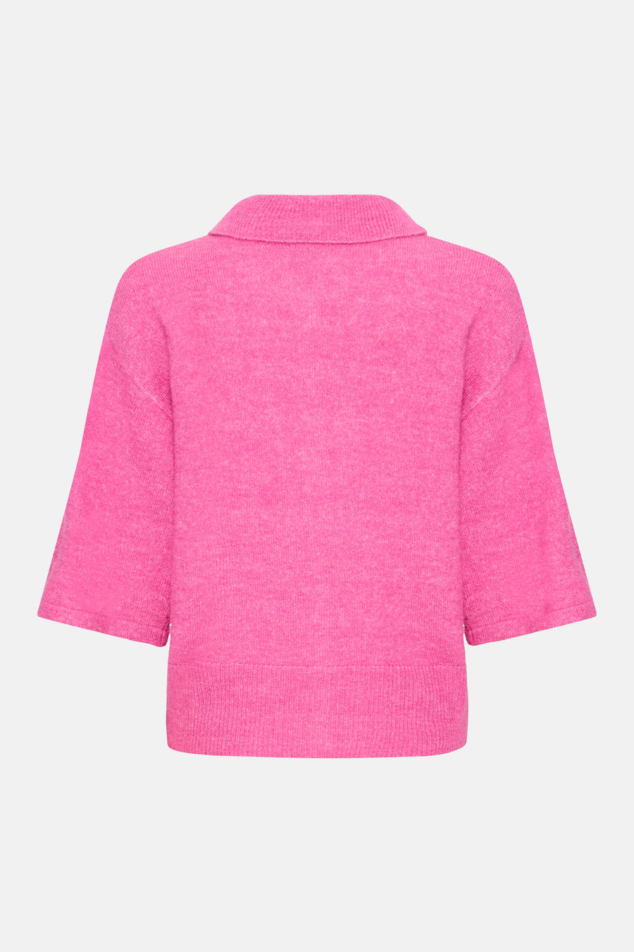 Pink knitted gilet with ribbed collar and hem, back view, three-quarter sleeves, marled texture