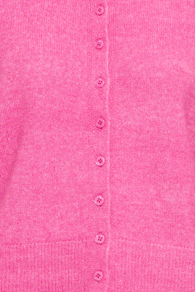 Pink knitted gilet with matching buttons and ribbed hem, close-up front view