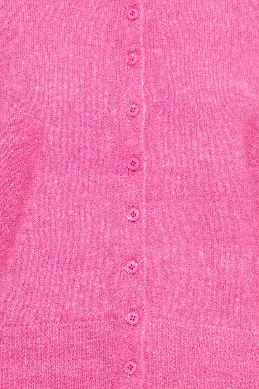 Pink knitted gilet with matching buttons and ribbed hem, close-up front view