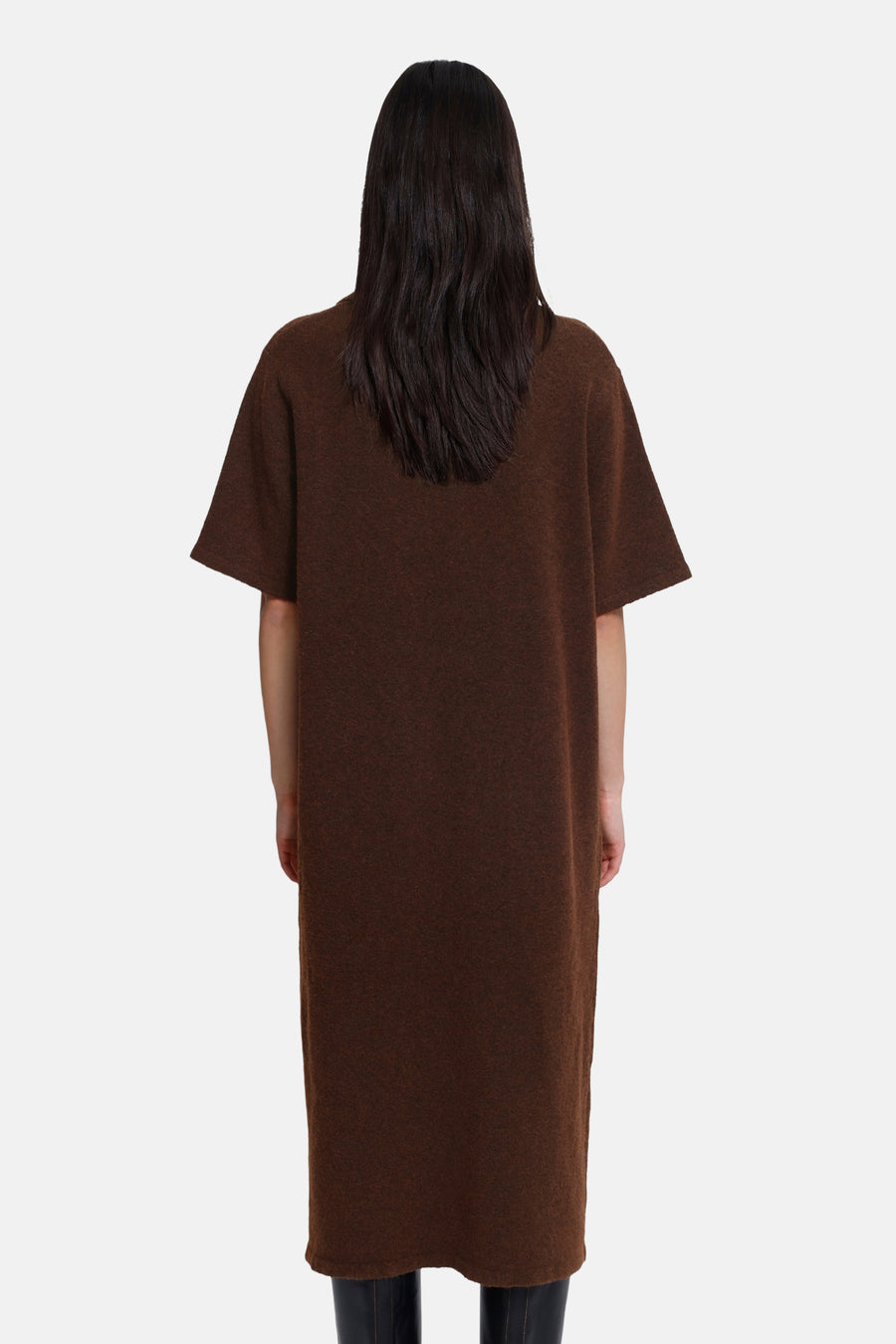 Brown short-sleeve knit dress from back view, oversized fit with textured fabric and straight hemline