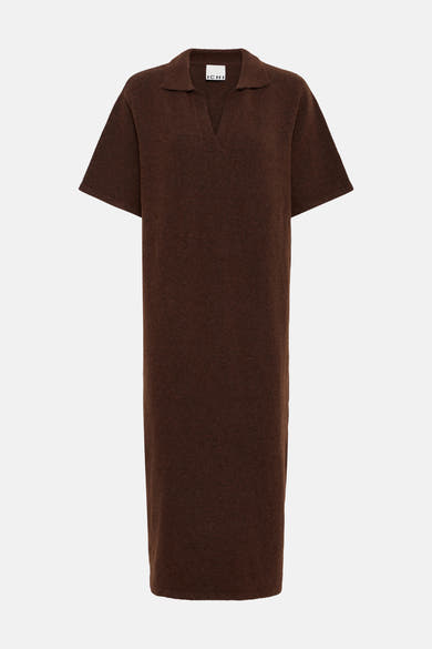 Brown short-sleeve knit dress by ICHI with polo collar and straight silhouette, front view