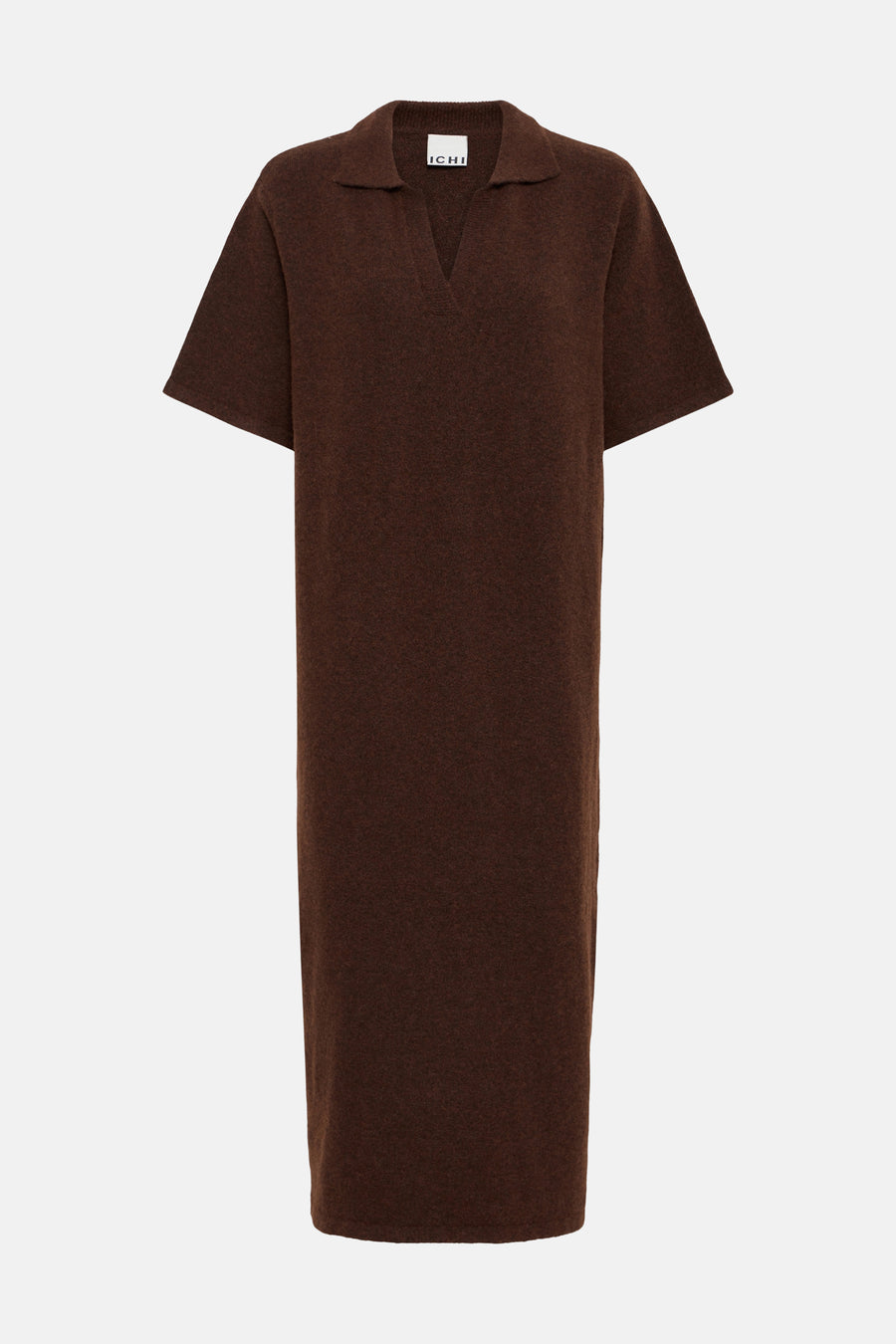 Brown short-sleeve knit dress by ICHI with polo collar and straight silhouette, front view
