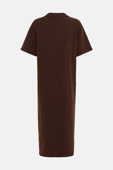 Brown short-sleeve knit dress back view, textured fabric, relaxed fit, crew neckline