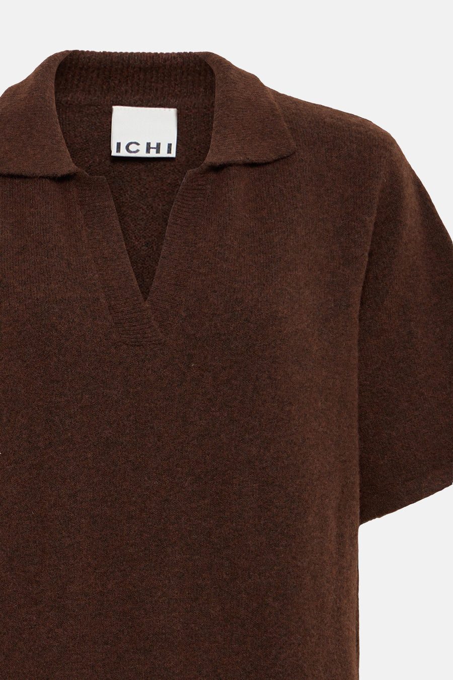 Brown short-sleeve knit dress by ICHI with V-neck and textured fabric, close-up front view