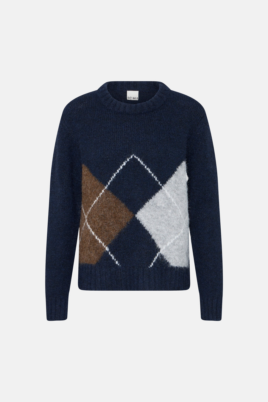 Multicolored crewneck sweater by ICHI with navy base, argyle pattern in brown and white, soft textured knit, front view