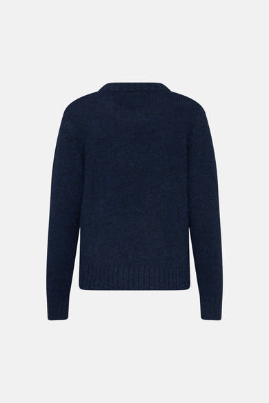 Navy blue ribbed knit O-neck sweater back view, textured wool blend, long sleeves with ribbed cuffs and hem