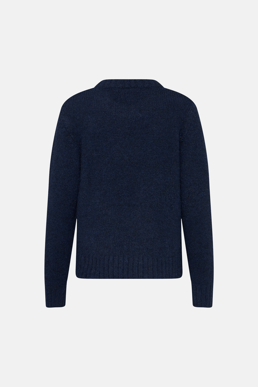 Navy blue ribbed knit O-neck sweater back view, textured wool blend, long sleeves with ribbed cuffs and hem