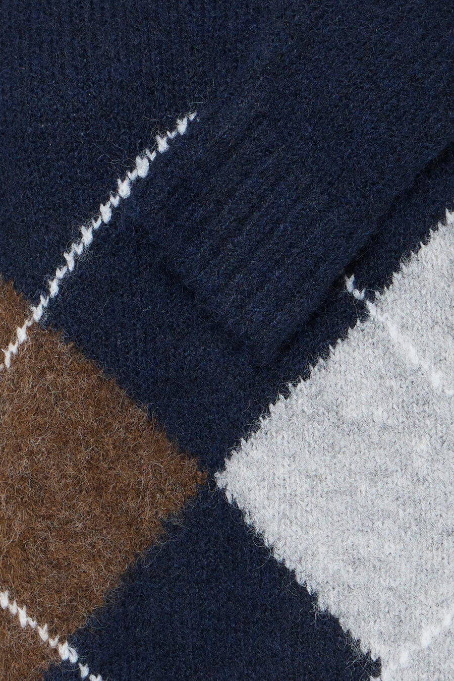 Multicolored O-neck sweater with navy, brown, and gray wool blend panels and white stitched seams, close-up texture view