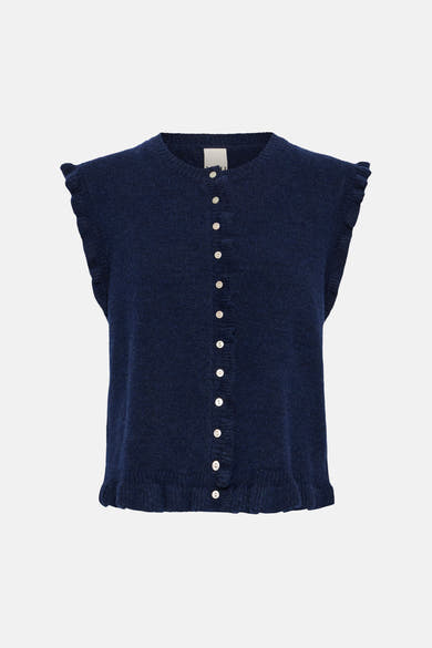 Navy blue sleeveless knitted gilet with white buttons and ruffled shoulders, front view