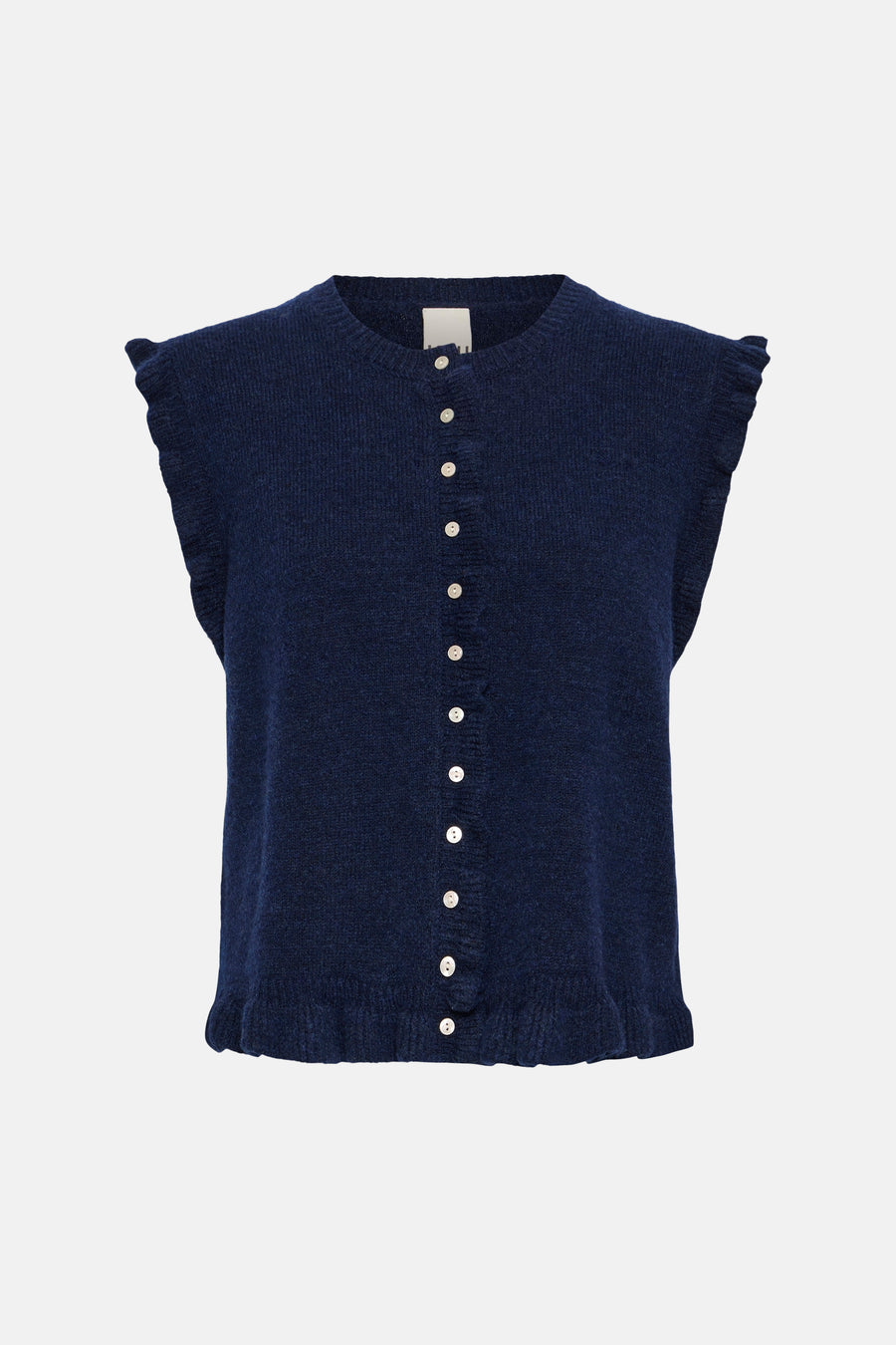 Navy blue sleeveless knitted gilet with white buttons and ruffled shoulders, front view