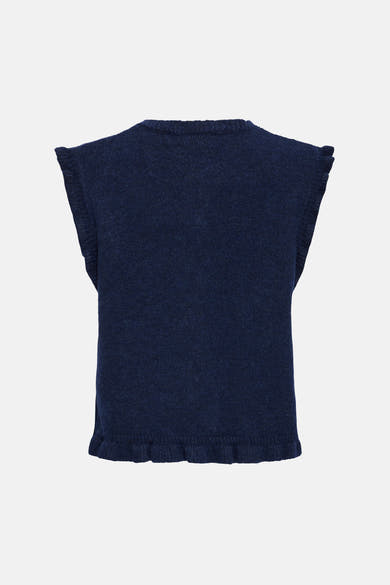 Navy blue sleeveless knitted gilet with ribbed neckline and hem, back view, textured knit fabric