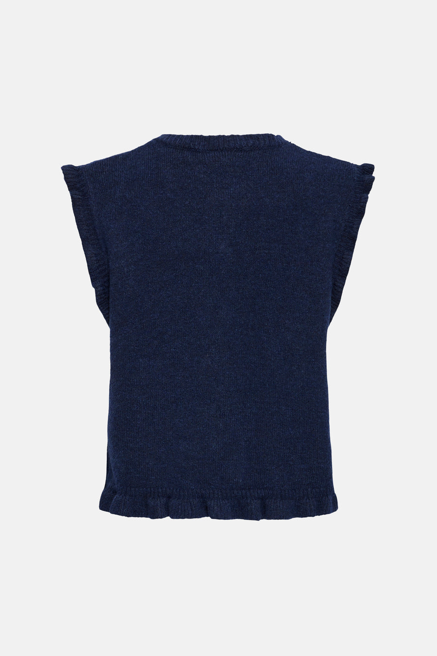 Navy blue sleeveless knitted gilet with ribbed neckline and hem, back view, textured knit fabric