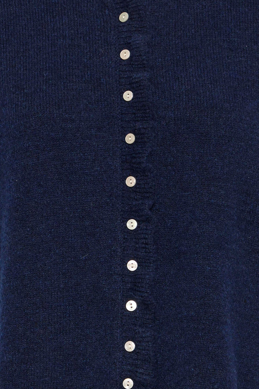 Navy blue sleeveless knit gilet with white buttons down the front, close-up view showing textured fabric and ribbed placket.