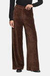 Brown corduroy wide-leg suit pants by ICHI, front view, ribbed texture, high waist, black top and shoes worn
