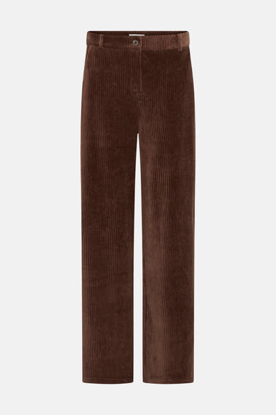 Brown corduroy suit pants by ICHI, straight-leg fit with visible front button closure, textured ribbed fabric, front view.