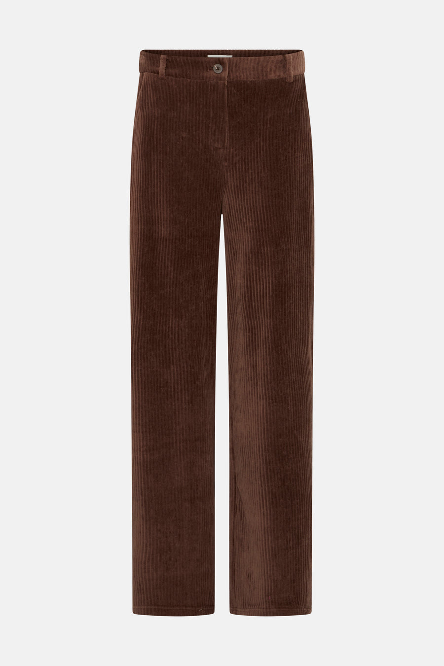 Brown corduroy suit pants by ICHI, straight-leg fit with visible front button closure, textured ribbed fabric, front view.