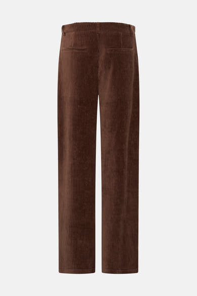Brown corduroy suit pants by ICHI, back view with ribbed texture and two welt pockets