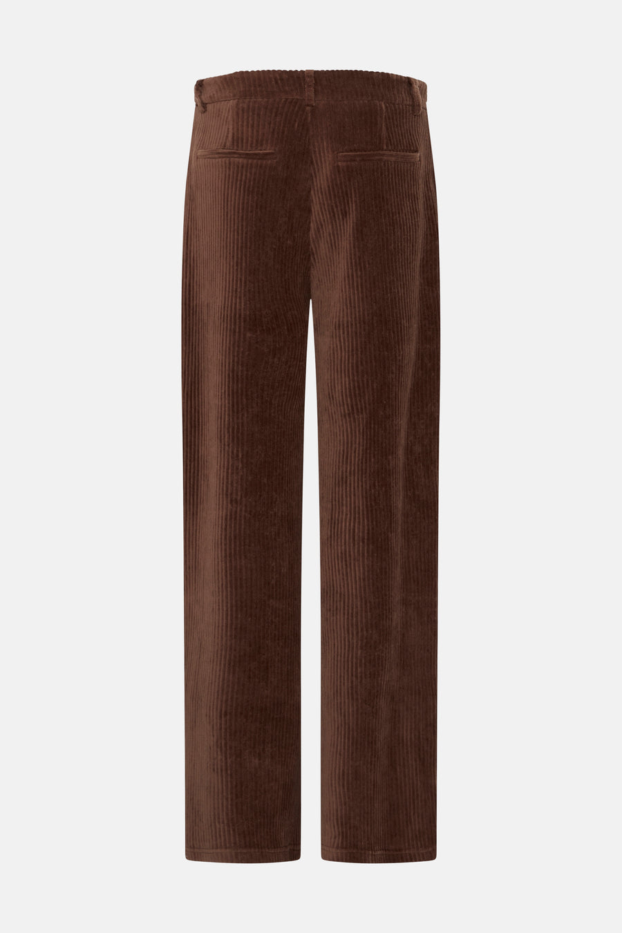 Brown corduroy suit pants by ICHI, back view with ribbed texture and two welt pockets