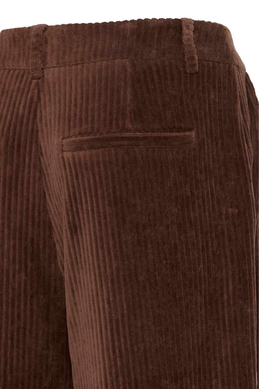 Brown corduroy suit pants by ICHI, back view with ribbed texture and single welt pocket