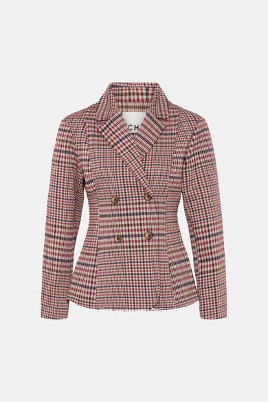 Multicolored plaid blazer with double-breasted design and wooden buttons, front view