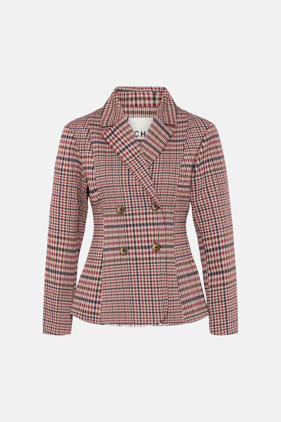 Multicolored plaid blazer with double-breasted design and wooden buttons, front view
