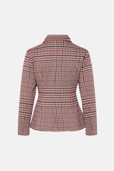 Multicolored plaid blazer back view featuring red, beige, and navy check pattern with structured shoulders and tailored fit