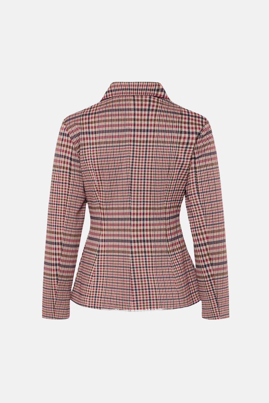 Multicolored plaid blazer back view featuring red, beige, and navy check pattern with structured shoulders and tailored fit