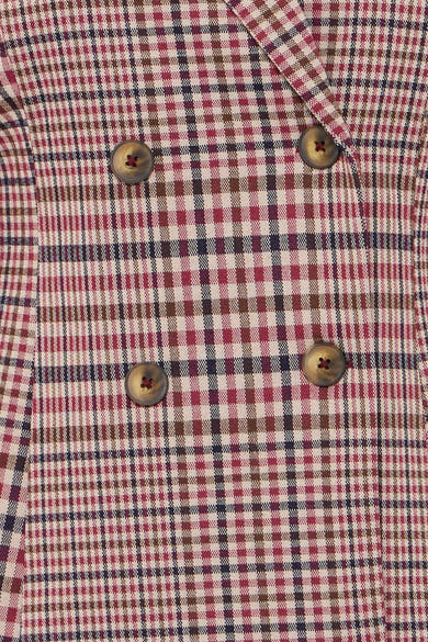 Multicolored plaid blazer with red, navy, and beige checks, featuring four dark buttons, close-up front view
