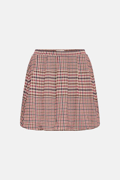 Multicolored plaid mini skirt with pleated front and elastic waistband, front view