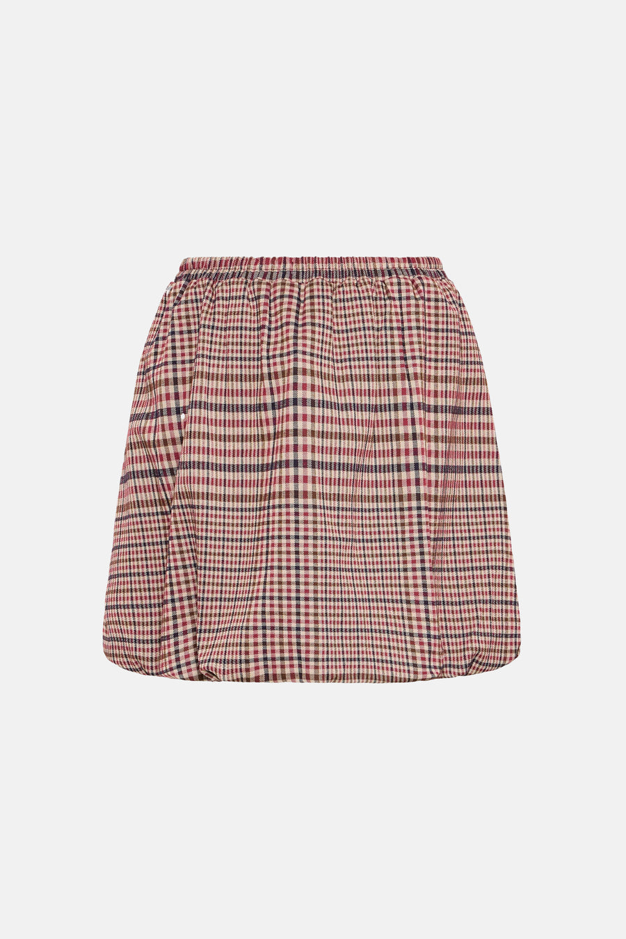 Multicolored plaid mini skirt with elastic waistband, front view, soft woven texture