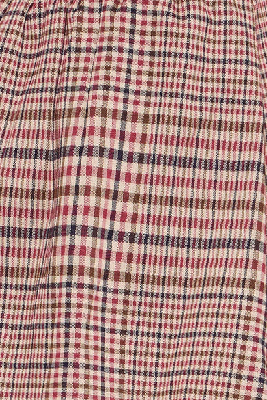 Multicolored plaid short skirt with red, navy, and beige pattern, textured woven fabric, close-up front view