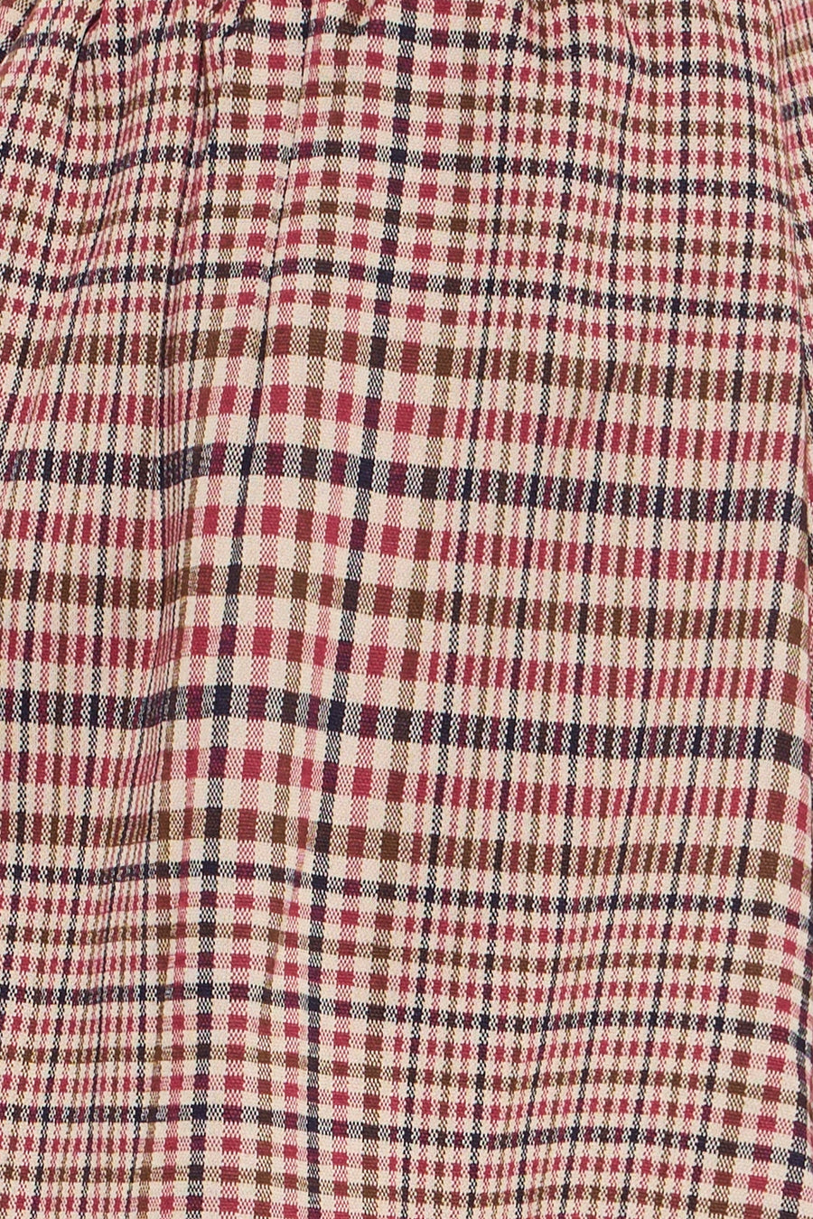 Multicolored plaid short skirt with red, navy, and beige pattern, textured woven fabric, close-up front view