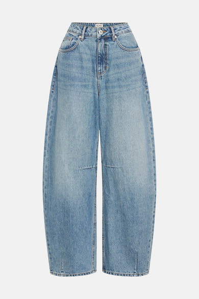 Mid blue denim wide-leg jeans by ICHI, featuring faded wash, front pockets, and cropped straight hem.
