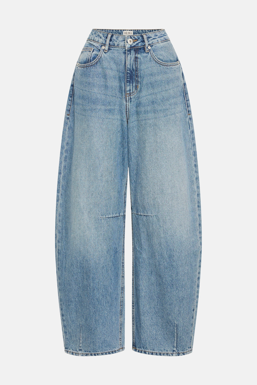 Mid blue denim wide-leg jeans by ICHI, featuring faded wash, front pockets, and cropped straight hem.