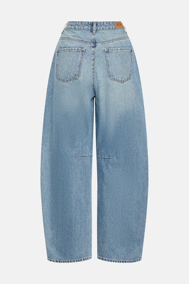 Mid blue denim wide-leg jeans by ICHI, back view with classic stitching and leather waistband label