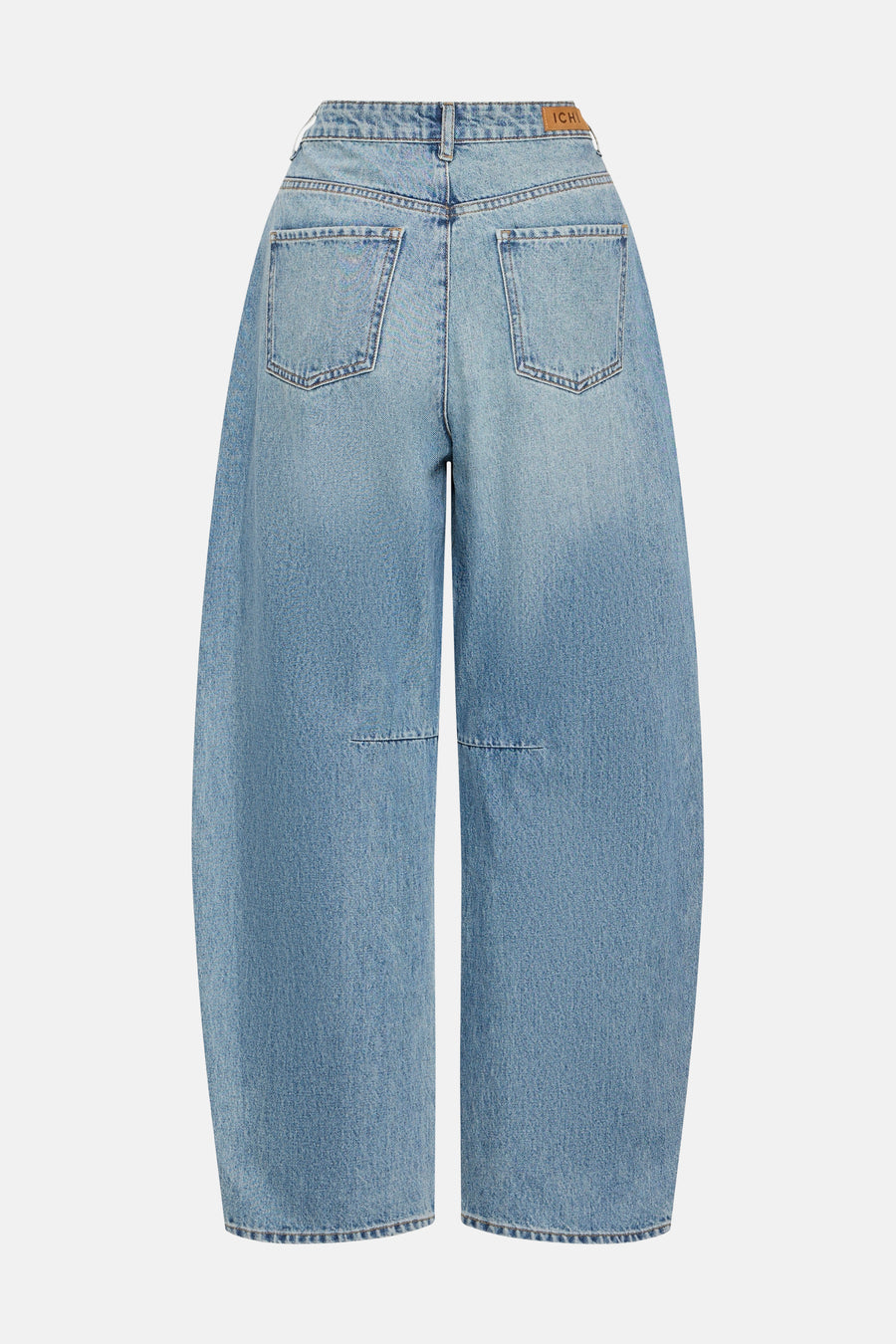 Mid blue denim wide-leg jeans by ICHI, back view with classic stitching and leather waistband label