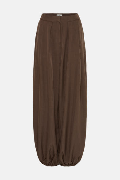 Brown elastic-waist wide-leg trousers by ICHI, featuring ribbed texture and gathered ankle cuffs, front view.