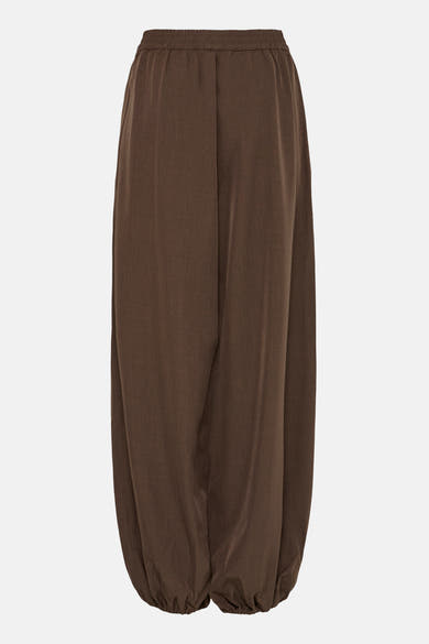 Brown elastic-waist wide-leg trousers with gathered ankle cuffs, front view, smooth textured fabric