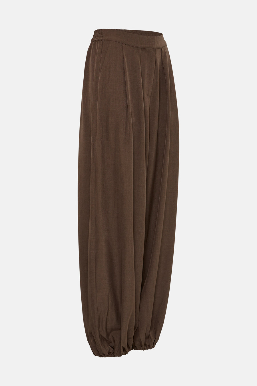 Brown elastic-waist wide-leg trousers with pleated front and gathered cuffs, front view