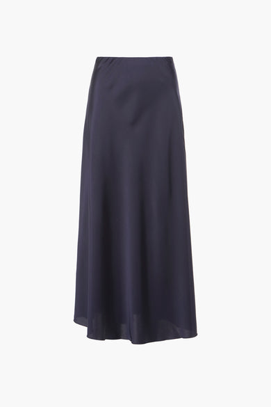 Navy blue midi skirt with smooth flowing fabric and elastic waistband, front view