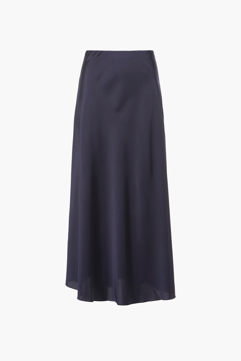 Navy blue midi skirt with smooth flowing fabric and elastic waistband, front view